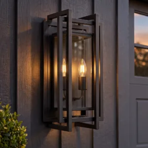 Modern Kumlu Siyah Metal Gövdeli Şeffaf Camlı Çift Duy E14 Dış Mekan Duvar Aplik Modeli - Lüks Bahçe ve Villa Dış Cephe Aydınlatma Armatürü
