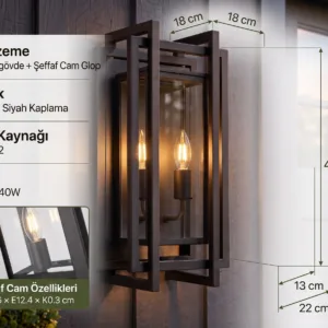 Alternative view of Modern Kumlu Siyah Metal Gövdeli Şeffaf Camlı Çift Duy E14 Dış Mekan Duvar Aplik Modeli - Lüks Bahçe ve Villa Dış Cephe Aydınlatma Armatürü