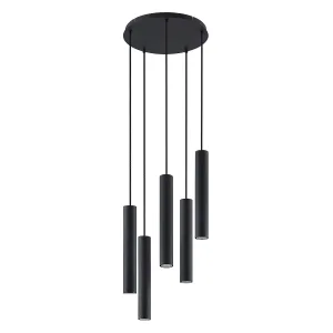 Silindir Sarkıt Avize Modelleri Mat Siyah Metal Gövde Spot Işıklı 5'li Sarkıt Set Villa Galeri Boşluğu ve Yemek Masası Üstü İmalatı Avize Aplik Dış Mekan Aydınlatma Modelleri İmalatı Mat siyah elektrostatik toz fırın boyalı silindir boru sarkıt avize beyaz fon izole görünümü